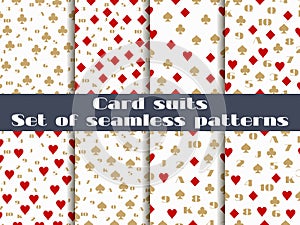 Set of seamless patterns with playing cards suits. Numerals cards.