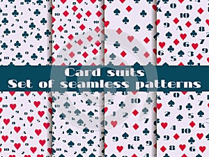 Set of seamless patterns with playing cards suits. Numerals cards.