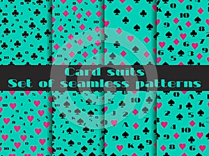 Set of seamless patterns with playing cards suits. Numerals cards.