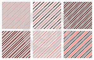 Set of seamless patterns, prints. Diagonal stripes, pink, gray, white and black colors. Abstract classic design