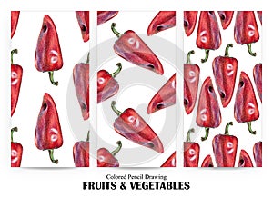 Set of seamless patterns with red peppers drawn by hand with colored pencil