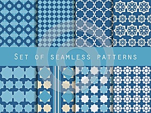 Set of seamless patterns. Rhombus and squares. Retro colors.