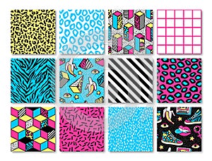 Set of seamless patterns in 80s-90s memphis style. photo