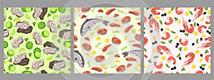 Set of seamless patterns with sea food. Vector graphics