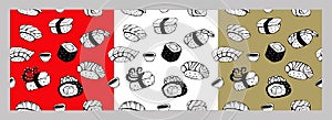 Set of seamless patterns. Set of hand drawn different Japanese sushi and rolls. Vector illustration