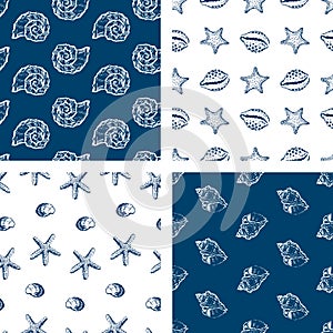 Set of seamless patterns sketches various sea shells