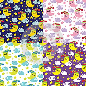 Set of seamless patterns of sleeping moon,clouds