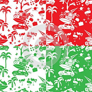 Set of seamless patterns with small retro travel car, luggage, p