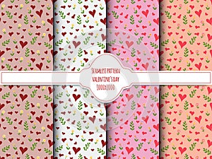 A set of seamless patterns for Valentine's Day measuring 1000 by 1000 pixels with hearts and flowers, doodle. Vector