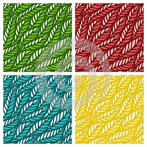 Set of seamless patterns with waves of leaves of red, yellow, blue and green.