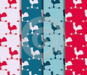 Set of seamless patterns. Weather vane rooster. Vector.