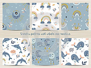 Set of seamless patterns with whales and rainbows.