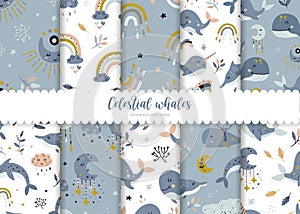 Set of seamless patterns with whales and rainbows.