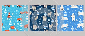 Set of seamless patterns with winter animals. Vector graphics