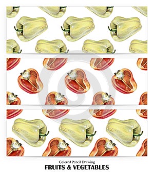 Set of seamless patterns with yellow and orange peppers drawn by hand with colored pencil