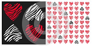 Set of seamless patterns with zebra stripes hearts in dark gray and red colors.