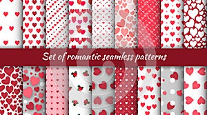 Set of seamless romantic patterns with hearts and roses for the Day of St. Valentine.