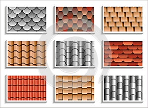 Set of seamless roof tiles textures. 3D patterns of rooftop materials