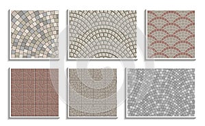 Set of seamless round pavement textures. Vector repeating patterns of radial stone material
