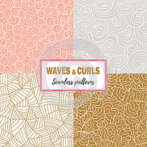 Set of seamless sea hand-drawn patterns, wavy backgrounds. Vector illustration in hand drawn style.