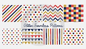 Set of seamless simple cute baby patterns with glitter elements. Includes blue, red and golden stars, hears, stripes, zigzag, flag