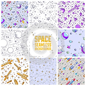 Set of seamless space backgrounds with rockets, planets, asteroids, comets, meteors and stars, undiscovered deep cosmos fantastic