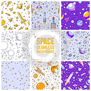 Set of seamless space backgrounds with rockets, planets, asteroids, comets, meteors and stars, undiscovered deep cosmos fantastic