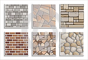 Set of seamless stone textures. Vector repeated patterns of 3D brick material