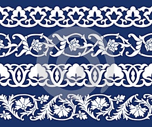 Set of seamless tape Patterns in the form of cotton in the Uzbek national style, vector mockup for design, isolated on blue back photo