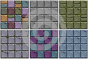 Set Seamless texture of colored stone, background stone wall tiles. Vector illustration for user interface of the game