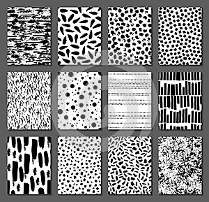 Set of 12 seamless texture. Drops, points, lines, stripes, circles, squares, rectangles. Abstract forms drawn a wide pen and ink.