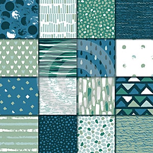 Set of 16 seamless texture. Drops, points, lines, stripes, circles, squares, rectangles. Abstract forms drawn a wide pen and ink.