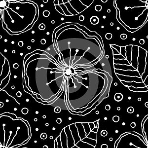 Set of seamless vector floral patterns. Black and white hand drawn background with flowers, leaves, decorative elements. Graphic i