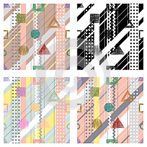 Set of seamless vector geometrical abstract patterns with lines, dots, diagonal stripes. Endless backgrounds with different hand d