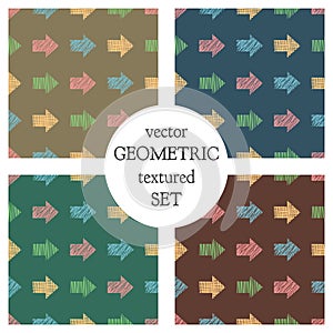 Set of seamless vector geometrical patterns with arrows. pastel endless background with hand drawn textured geometric figures. Gra