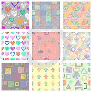 Set of seamless vector geometrical patterns with different geometric figures, forms. pastel endless background with hand drawn tex