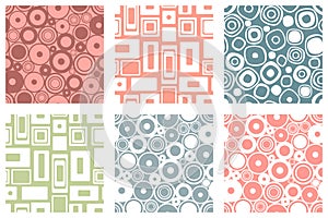Set of seamless vector geometrical patterns. Endless colorful pastel backgrounds with squares, circles and rectangles. Graphic ill