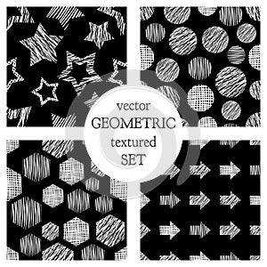 Set of seamless vector geometrical patterns with rectangles, circle, arrows, stars. Black and white pastel endless background with