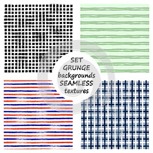 Set of seamless vector grunge geometrical patterns with hand drawn lines. Grungy striped, checkered backgrounds with horizontal, v