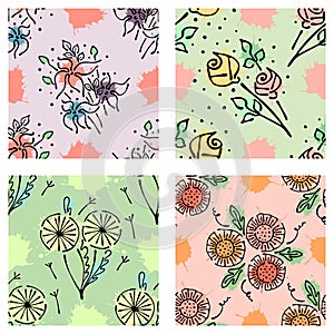 Set of seamless vector hand drawn floral patterns