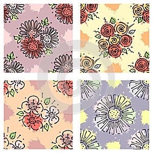 Set of seamless vector hand drawn floral patterns