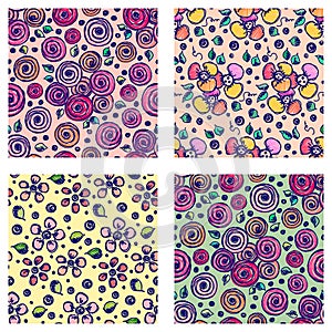 Set of seamless vector hand drawn floral patterns. Backgrounds with flowers, leaves. Decorative cute graphic line drawing illustra