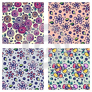 Set of seamless vector hand drawn floral patterns. Backgrounds with flowers, leaves. Decorative cute graphic line drawing illustra
