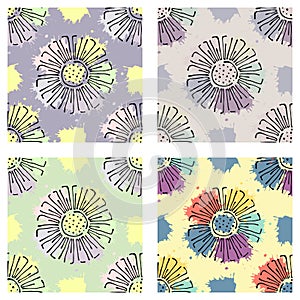 Set of seamless vector hand drawn floral patterns, endless backgrounds