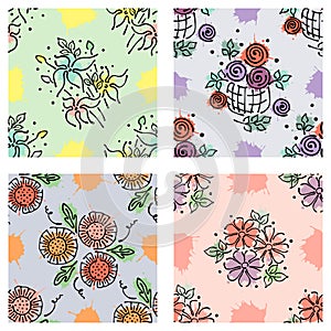 Set of seamless vector hand drawn floral patterns, endless backgrounds