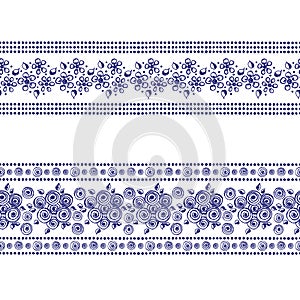 Set of seamless vector hand drawn floral patterns, endless border, frame with flowers, leaves. Decorative graphic line drawing ill