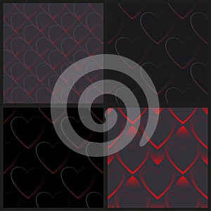 Set of seamless vector pattern of red and gray gradient hearts on a dark background