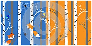 Set of seamless vector pattern. Simple forest design, fox, spider, spider web and bird.