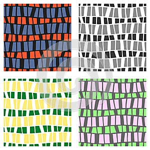 Set of seamless vector patterns. Colorful geometric background in grey, green, pink colors. Graphic illustration. Repeat print for
