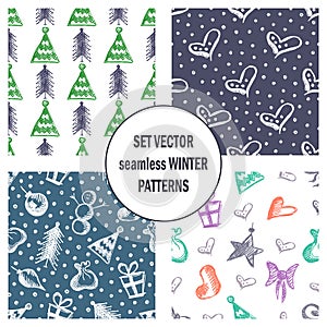 Set of seamless vector patterns with cute hand drawn fir trees, gifts, hearts, bows, christmas toys. Seasonal winter backgrounds G